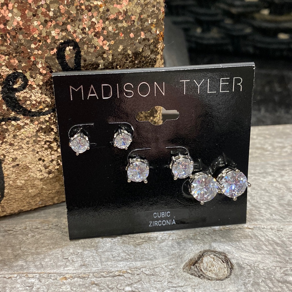 Madison Tyler Nwt 3 Pr. Cz Pierced Earrings Silver Tone!